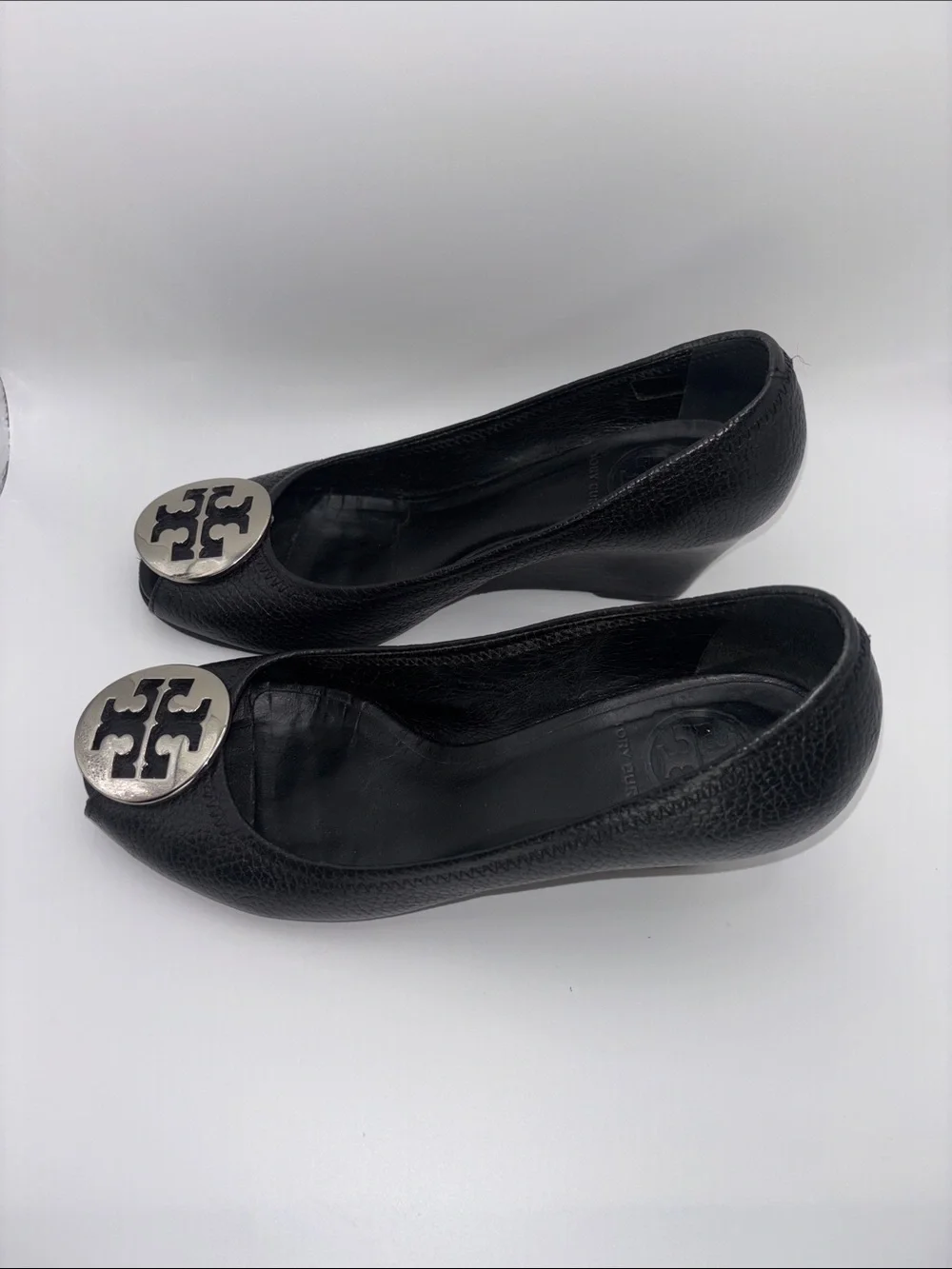 Tory Burch Black Leather Wedge Peep-Toe Flats with Silver Logo